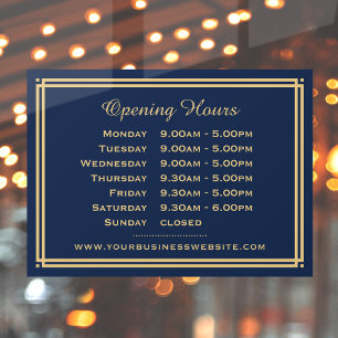 Classic Business Opening Hours Navy Blue Gold Window Cling