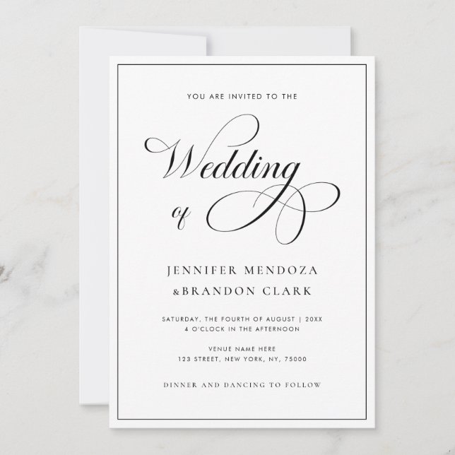 Classic Calligraphy Black White All in One Wedding Invitation (Front)