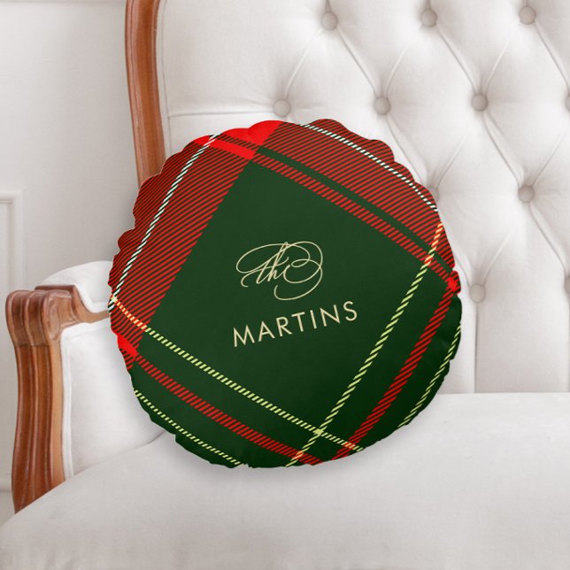 Classic Calligraphy Christmas Red Plaid Round Cushion (Creator Uploaded)