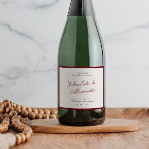 Classic Calligraphy Deep Red Old Money Wedding Sparkling Wine Label