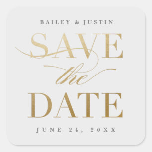 Classic Calligraphy Gold Save the Date Square Sticker