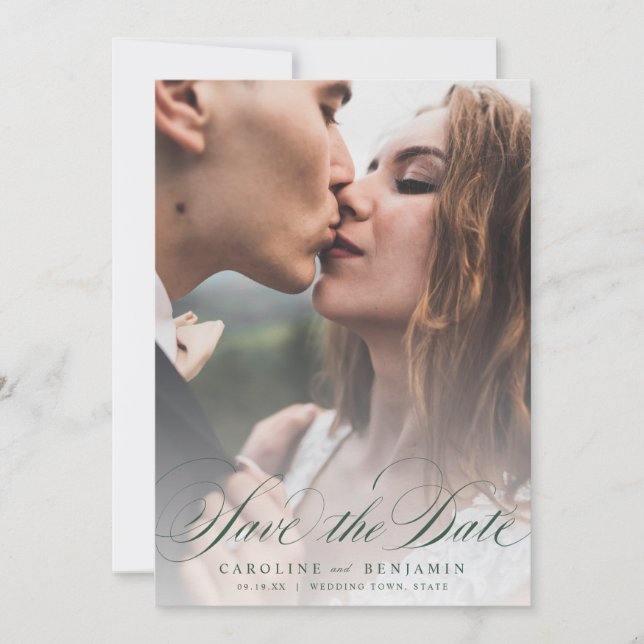 Classic calligraphy photo wedding save the date (Front)