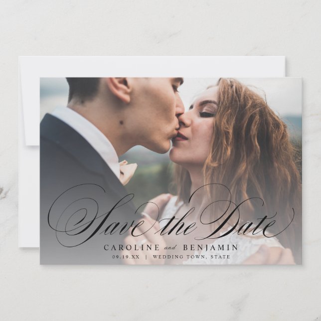 Classic calligraphy photo wedding save the date (Front)