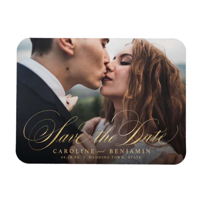 Classic calligraphy photo wedding save the date magnet (Horizontal)