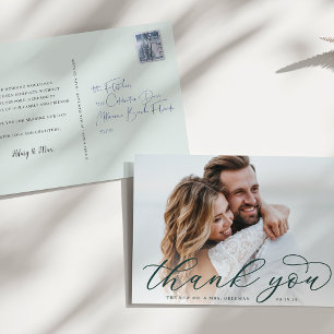 Classic Calligraphy Script Wedding Photo Thank You Postcard
