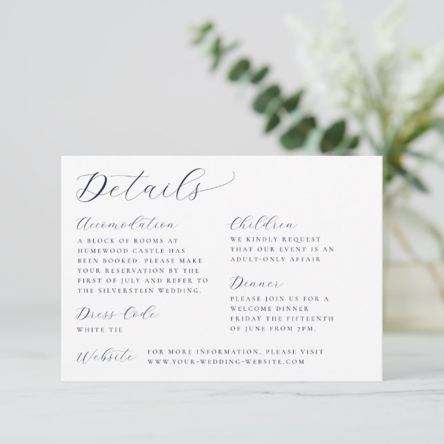 Classic Calligraphy White Wedding Details Enclosure Card (Standing Front)