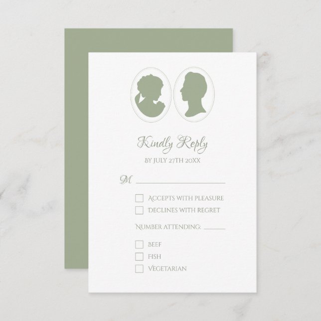 Classic Cameo Regency Green Wedding RSVP Card (Front/Back)