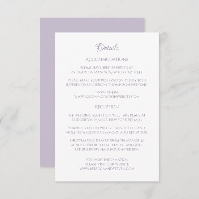 Classic Cameo Regency Purple Wedding Details Enclosure Card (Front/Back)