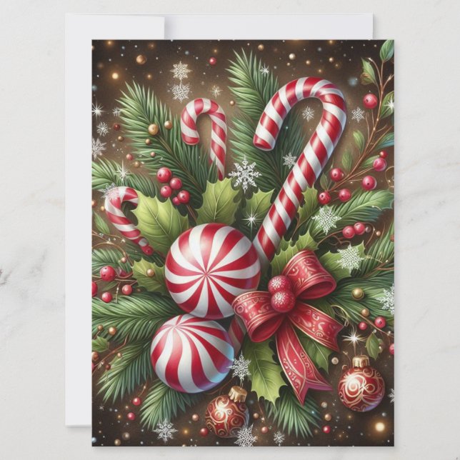 Classic Candy cane/peppermint Christmas greenery Holiday Card (Front)