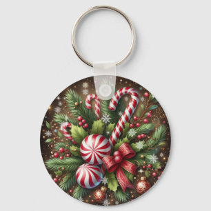 Classic Candy cane/peppermint Christmas greenery Key Ring