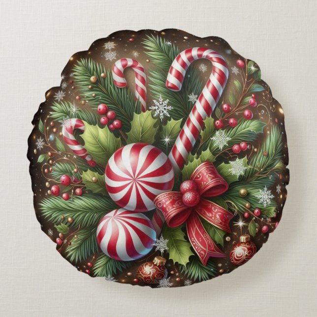 Classic Candy cane/peppermint Christmas greenery Round Cushion (Front)