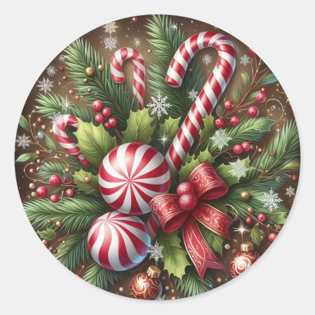 Classic Candy cane/peppermint Christmas greenery Round Sticker (Front)