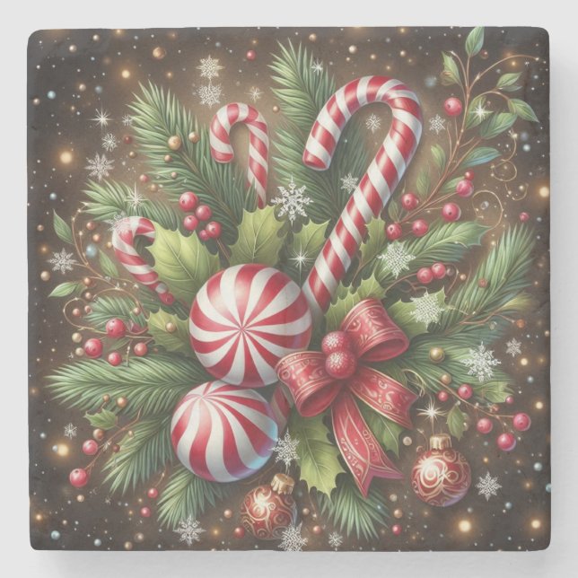 Classic Candy cane/peppermint Christmas greenery Stone Coaster (Front)