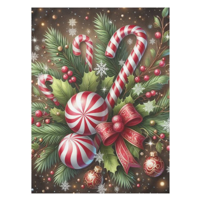 Classic Candy cane/peppermint Christmas greenery Tablecloth (Front)