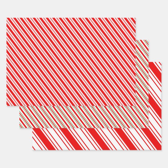 Classic Candy Cane Stripes Red Green Christmas Wrapping Paper Sheet (Set)