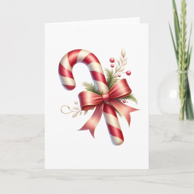 Classic Candy Cane with Red Satin Bow and Greenery Card (Front)