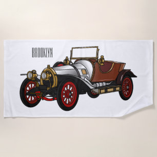 Classic car 1920 cartoon illustration beach towel