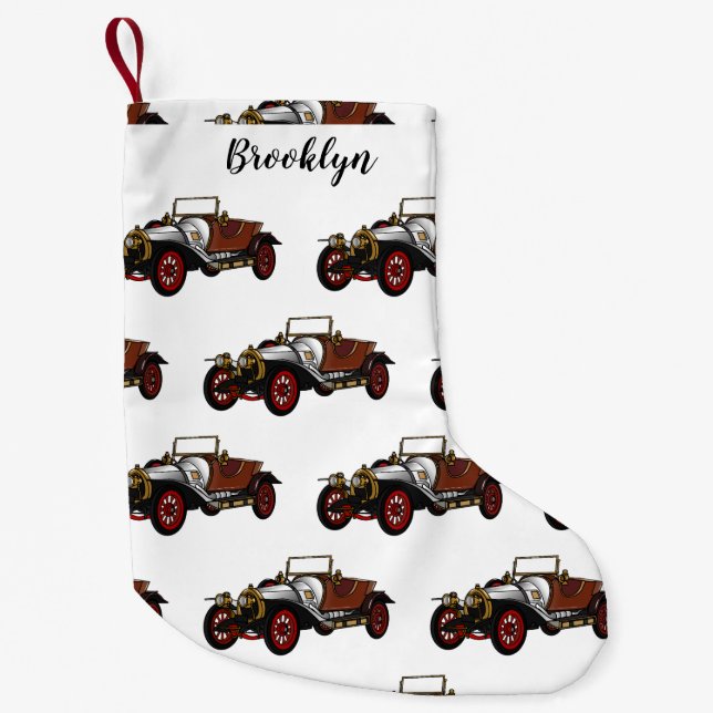 Classic car 1920 cartoon illustration small christmas stocking (Front)