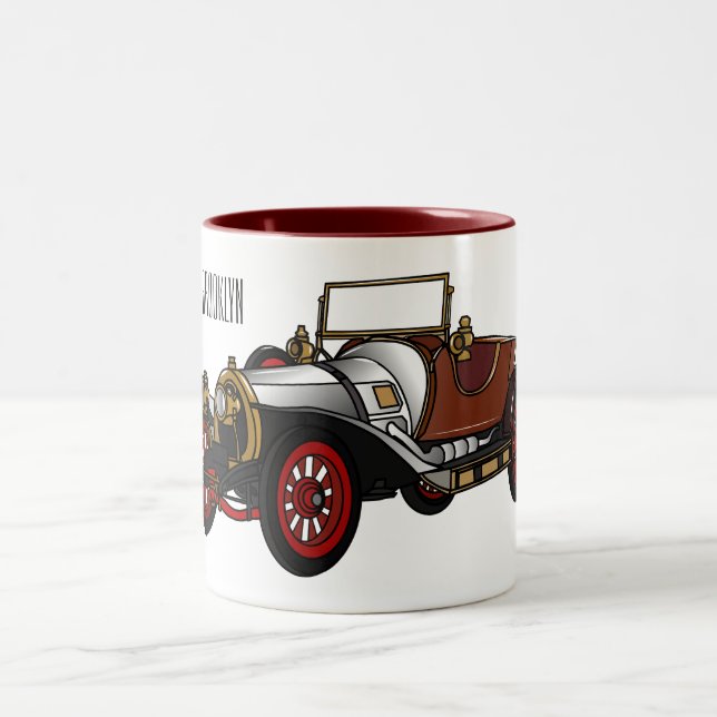 Classic car 1920 cartoon illustration Two-Tone coffee mug (Center)