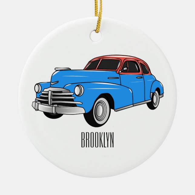Classic car 1948 cartoon illustration ceramic tree decoration (Front)
