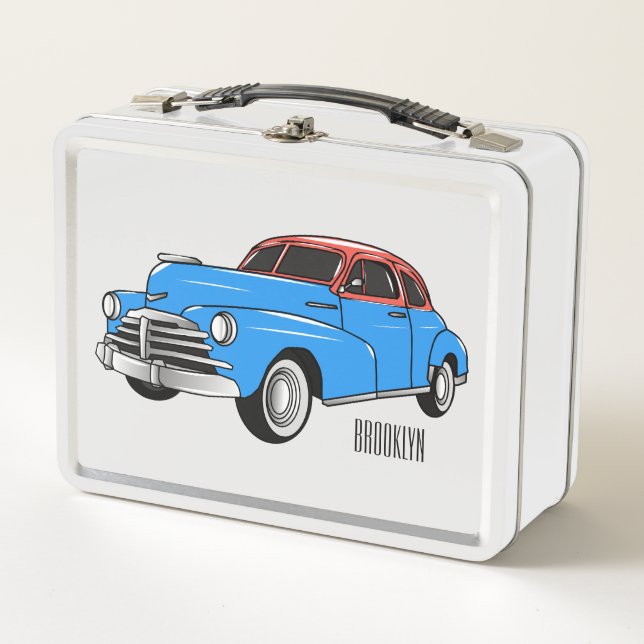 Classic car 1948 cartoon illustration metal lunch box (Front)