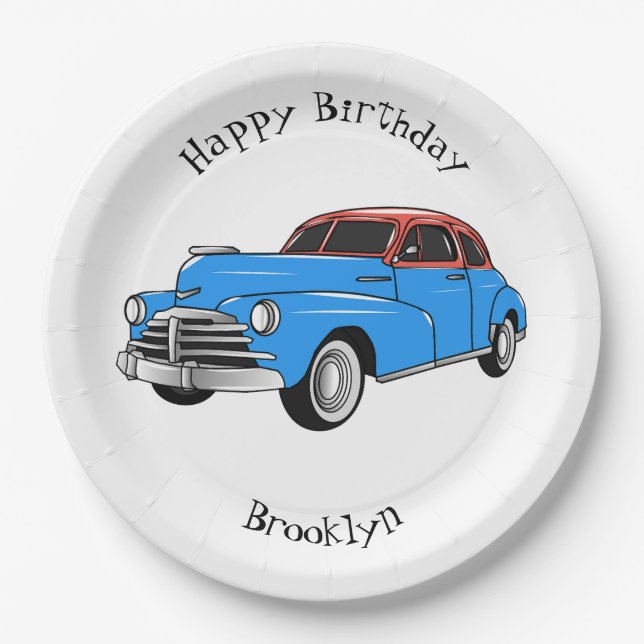 Classic car 1948 cartoon illustration paper plate (Front)