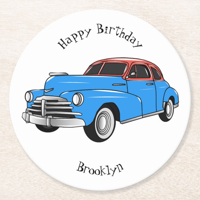 Classic car 1948 cartoon illustration round paper coaster (Front)