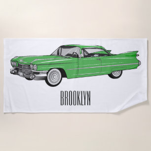 Classic car 1959 cartoon illustration beach towel