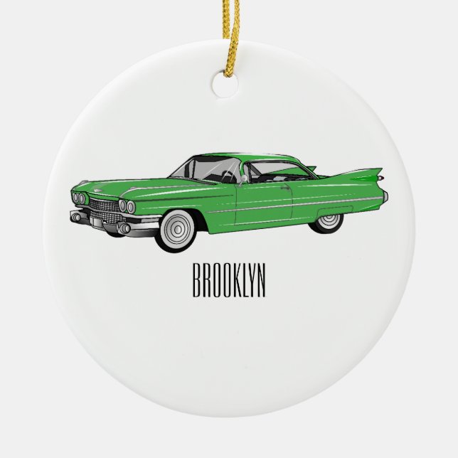 Classic car 1959 cartoon illustration ceramic tree decoration (Front)