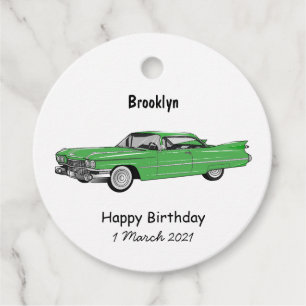 Classic car 1959 cartoon illustration favour tags