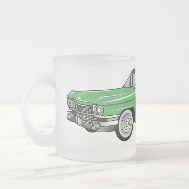 Classic car 1959 cartoon illustration frosted glass coffee mug (Left)