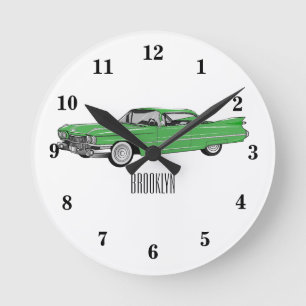 Classic car 1959 cartoon illustration round clock