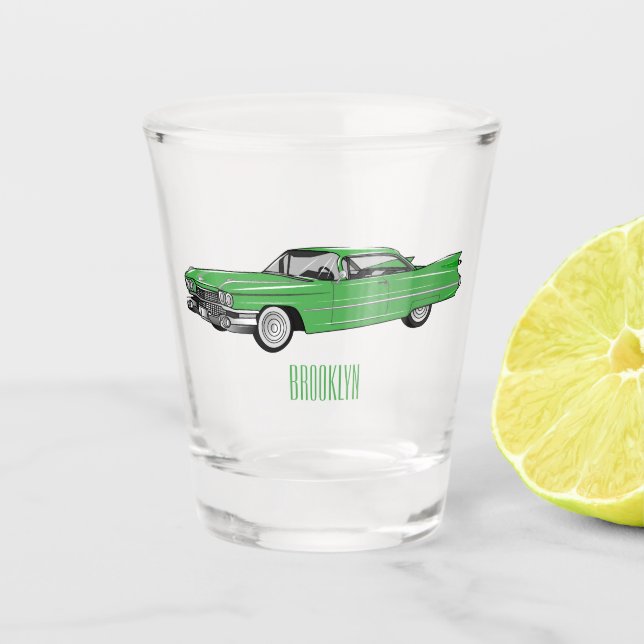 Classic car 1959 cartoon illustration shot glass (Front)