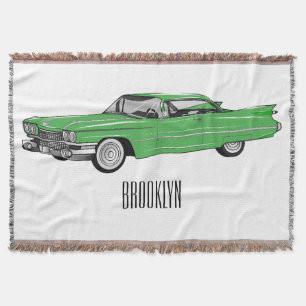 Classic car 1959 cartoon illustration throw blanket