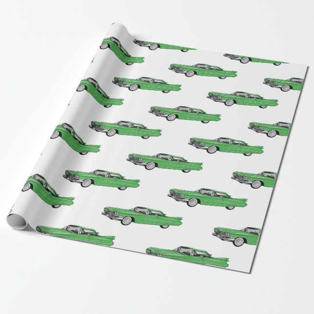 Classic car 1959 cartoon illustration wrapping paper (Unrolled)