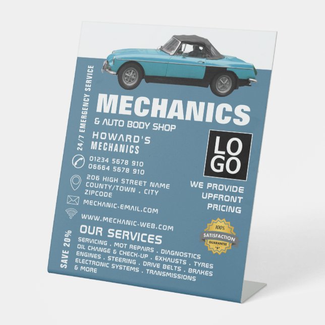 Classic Car, Auto Mechanic & Repairs Advertising Pedestal Sign (Front)