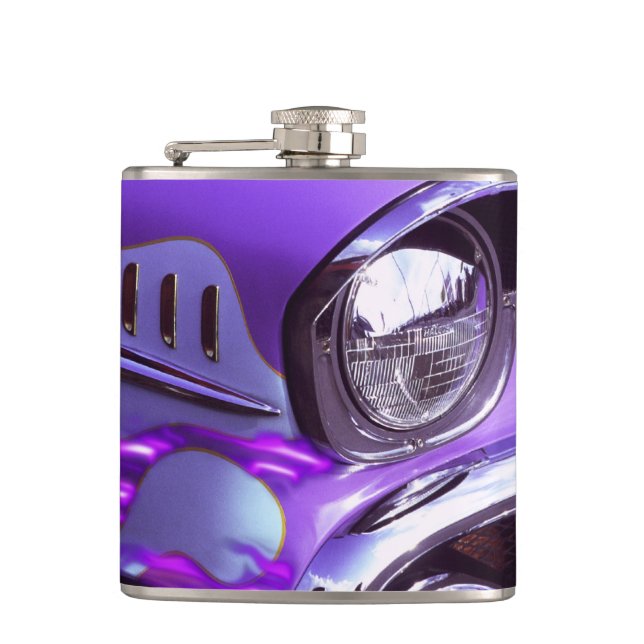 Classic car: Chevrolet with flaming hood Hip Flask (Front)