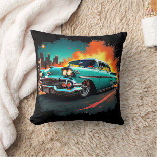 Classic Car Cushion with Neon Night Street Scene