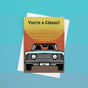 Classic Car Driving off into sunset personalise Card