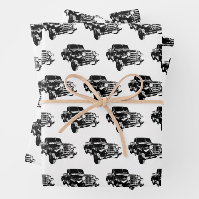 Classic car graphic motif pattern wrapping paper sheet (In situ)