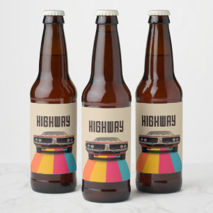 Classic Car on Highway Beer Bottle Label
