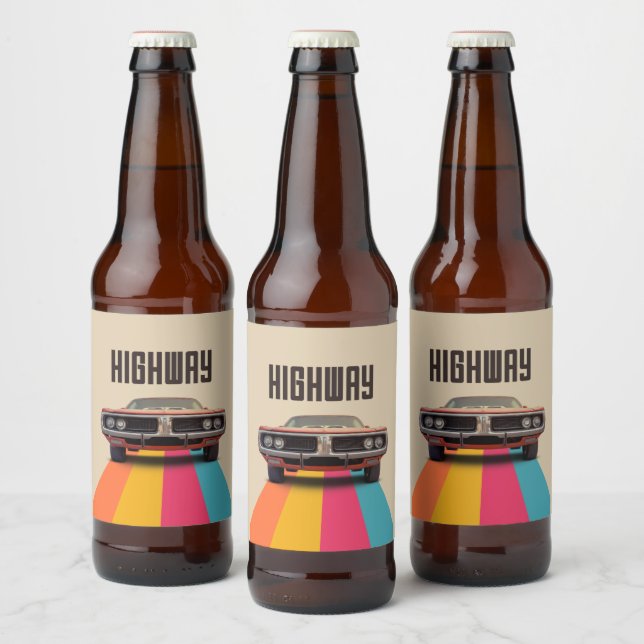 Classic Car on Highway Beer Bottle Label (Bottles)