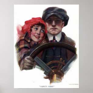 Classic car romantic vintage winter illustration poster