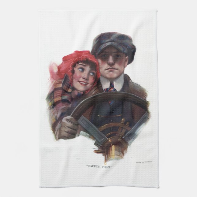 Classic car romantic vintage winter illustration  tea towel (Vertical)