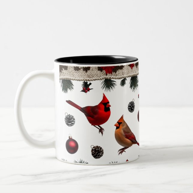 Classic Cardinal Birds Nordic Knit Two-Tone Two-Tone Coffee Mug (Left)