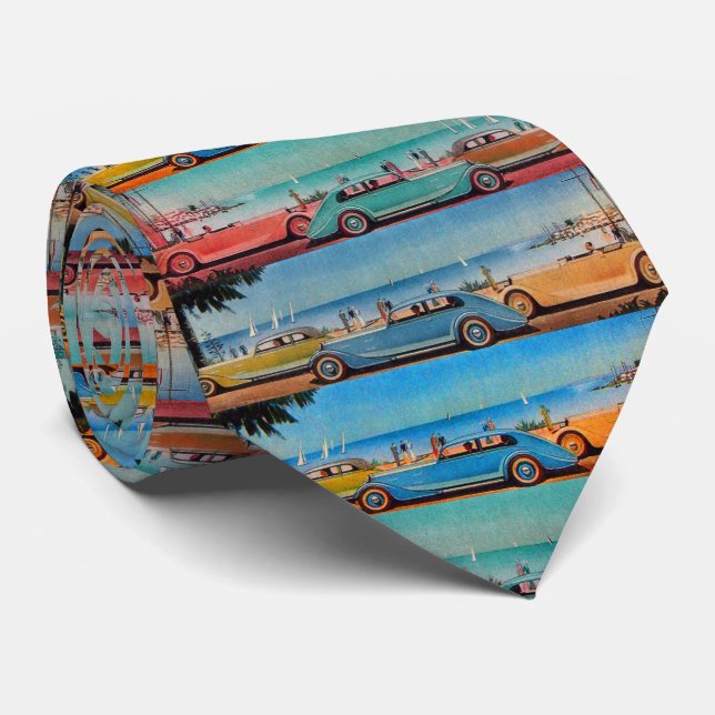 CLASSIC CARS ON THE SEASIDE ROAD Vintage Tie (Rolled)