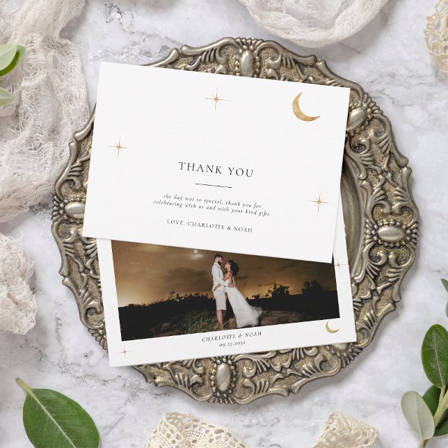 Classic Celestial Gold Moon Stars Photo Wedding Thank You Card (Creator Uploaded)