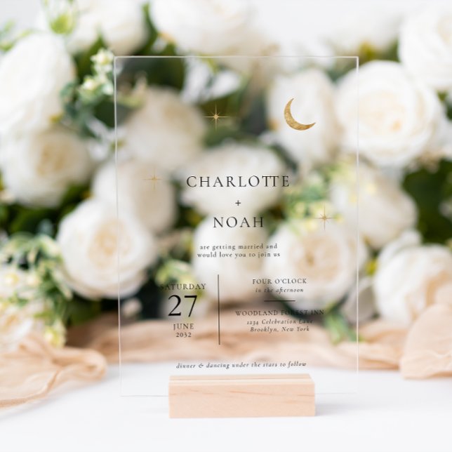 Classic Celestial Gold Moon Stars Wedding Acrylic Invitations (Creator Uploaded)