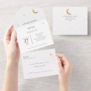Classic Celestial Gold Moon Stars Wedding All In One Invitation