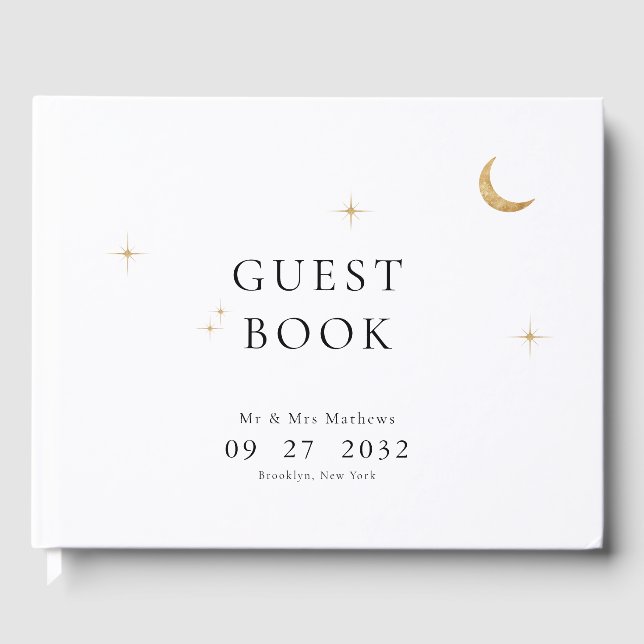 Classic Celestial Gold Moon Stars Wedding Guest Book (Front)